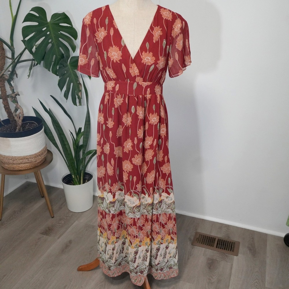 Madewell Tulip-Sleeve Floral Dress 2 Red V-Neck Short Sleeve Fit‎ Flare Casual